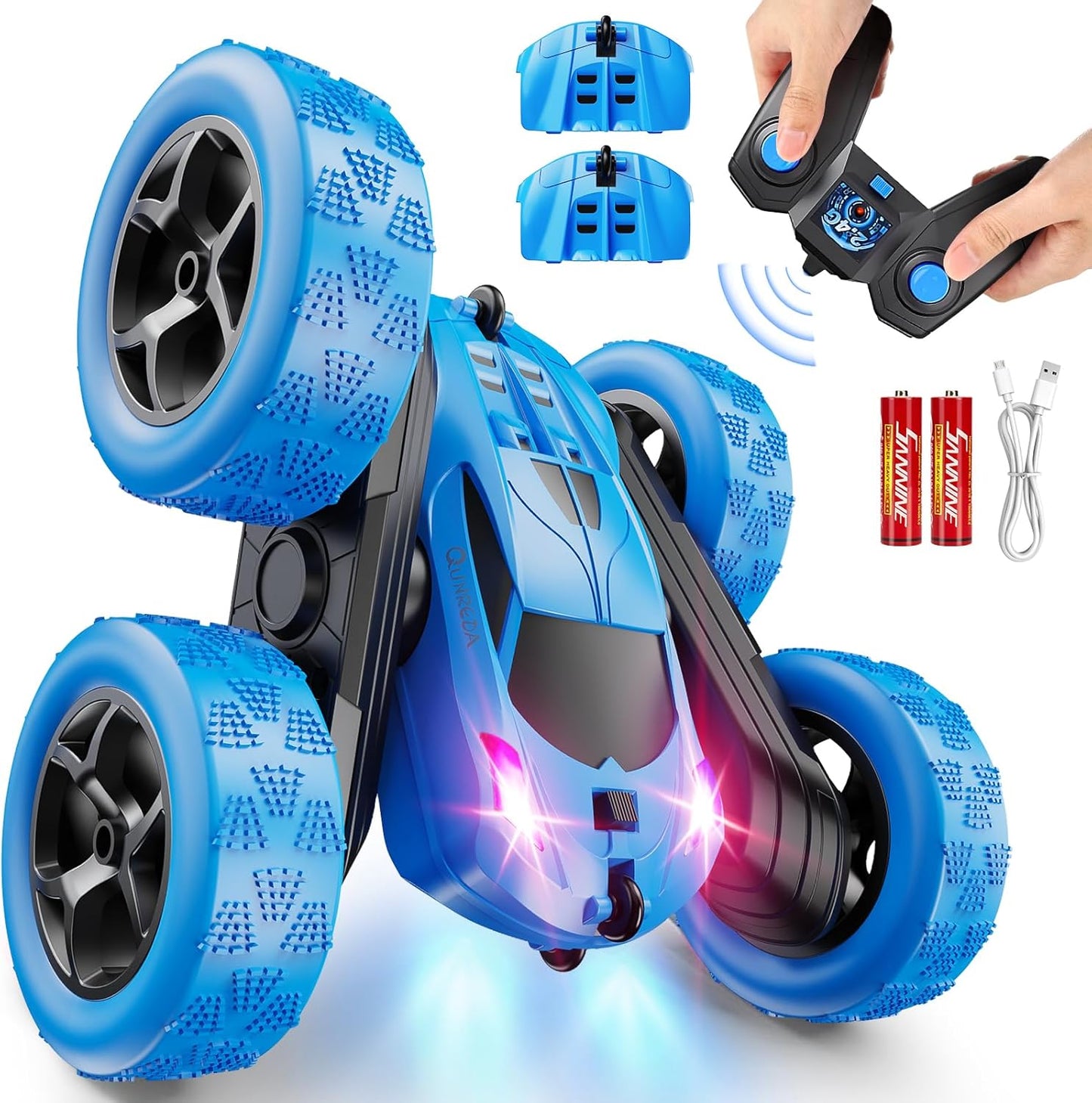 QUNREDA Remote Control Car, RC Cars Toys for Kids Ages 6-12, 4WD Stunt Car with LED Lights & 360° Flips, 2.4GHz, Upgraded USB-C