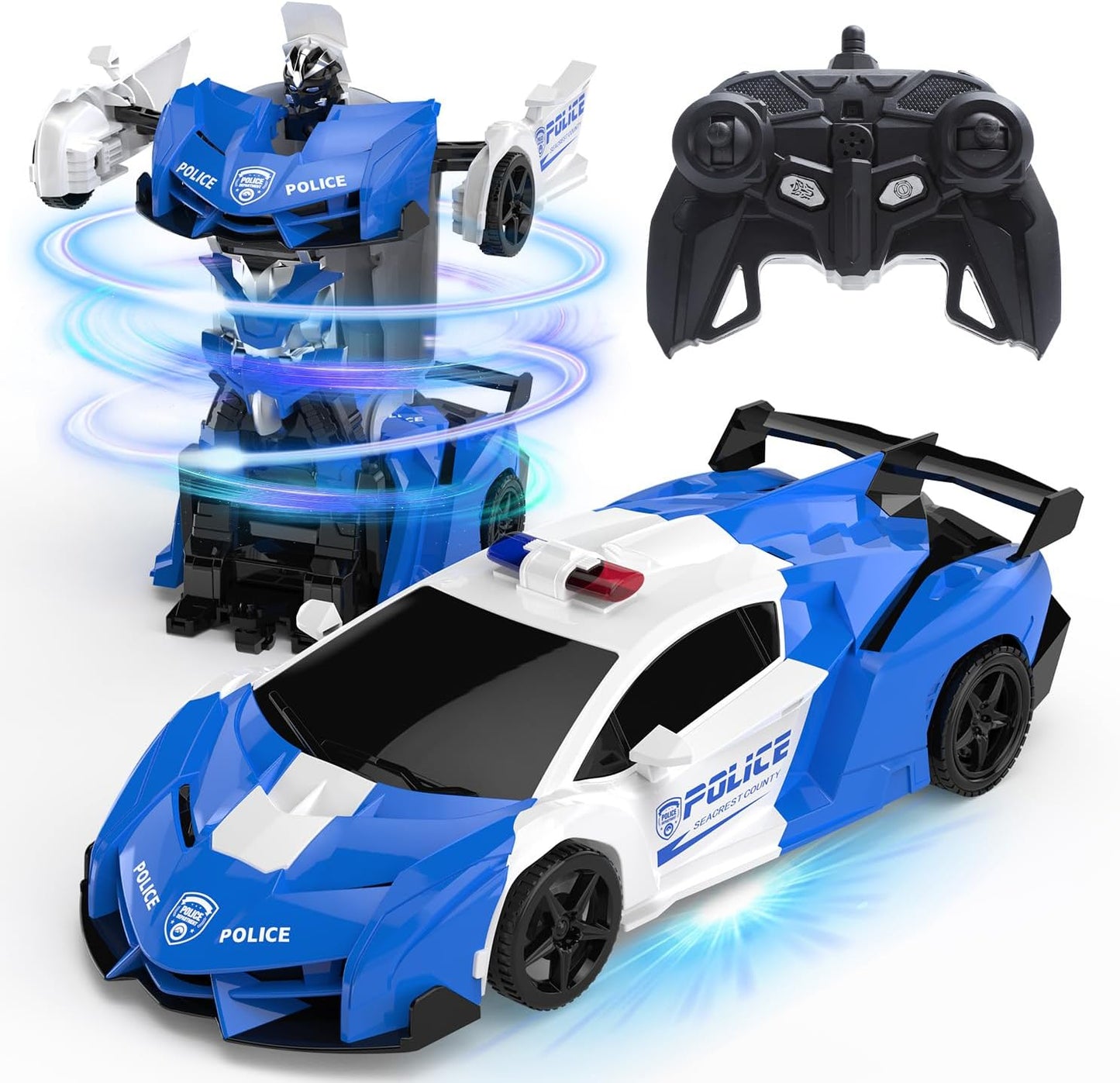 DEERC RC Police Car Transform Robot, 2.4GHz Remote Control Police Cars for Kids, 1:18 Scale Robot Toy Car W/One-Key Transformation, 360° Rotation, Auto Mode, Rechargeable Battery, Robot for Man Boys